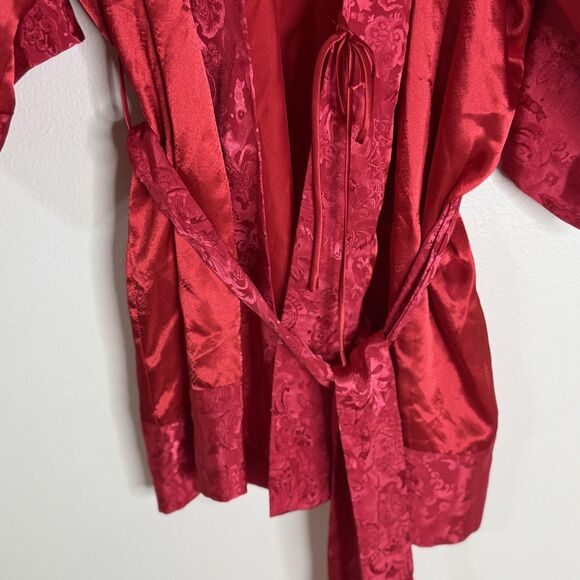 Victorias Secret Robe Womens One Size Red Satin Jacquard Floral Kimono Belted - Picture 8 of 10